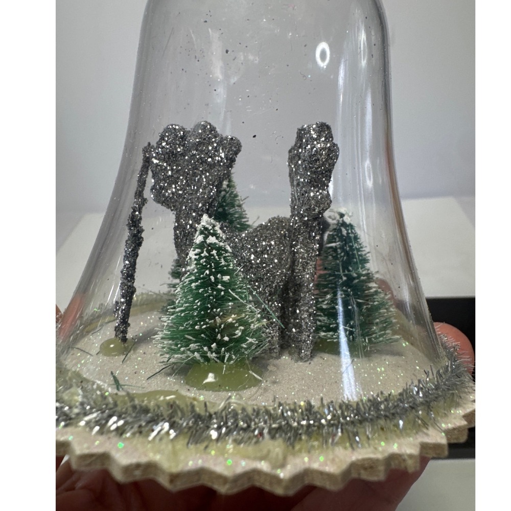 Vintage Christmas Glass Bell Cloche Ornament Silver Glitter Reindeer WinterScene